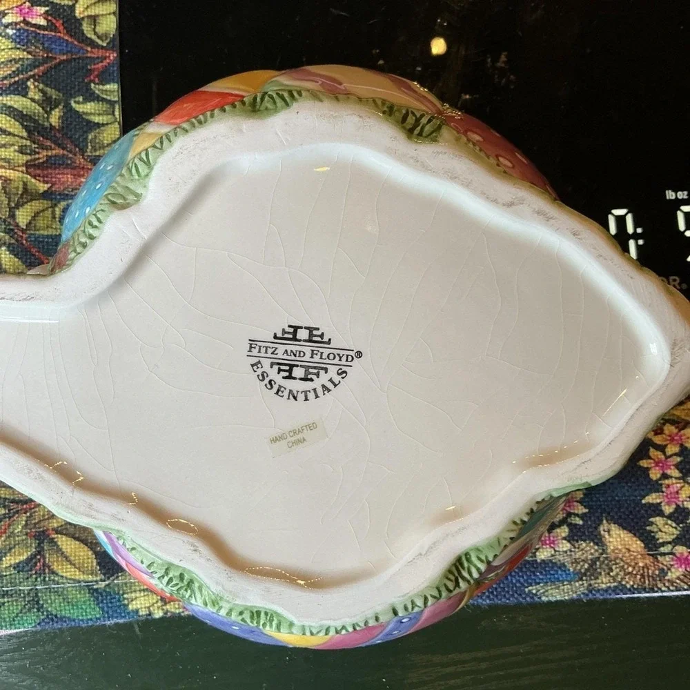 Vintage Fitz And Floyd Gathering‎ Eggs Easter Candy Bowl 2 Bunny Rabbits